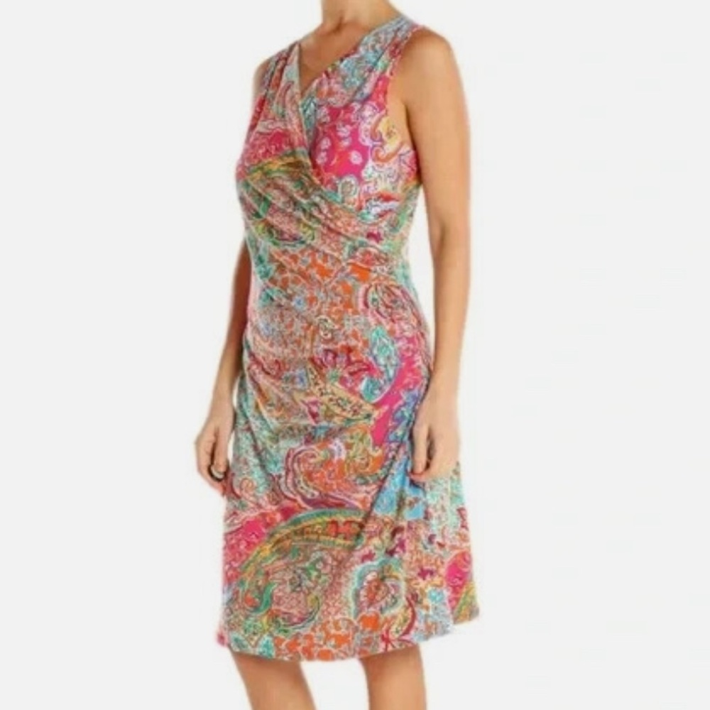 Ralph Lauren (3x) paisley multicolor sleeveless faux wrap ruched side mini dress